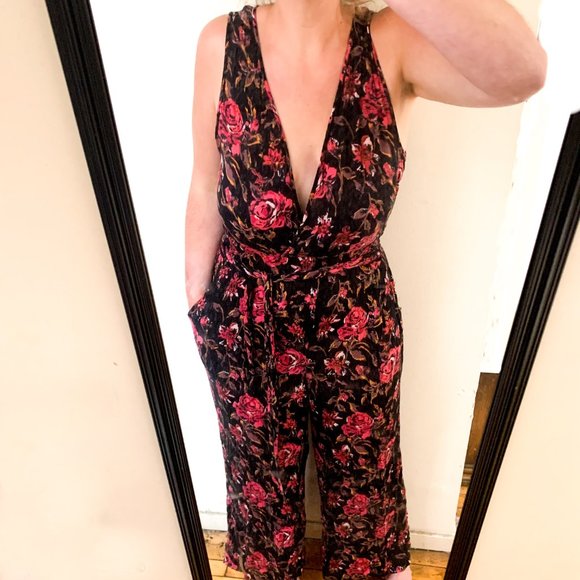 Urban Outfitters Pants - urban outfitters black/red floral romper w/pockets